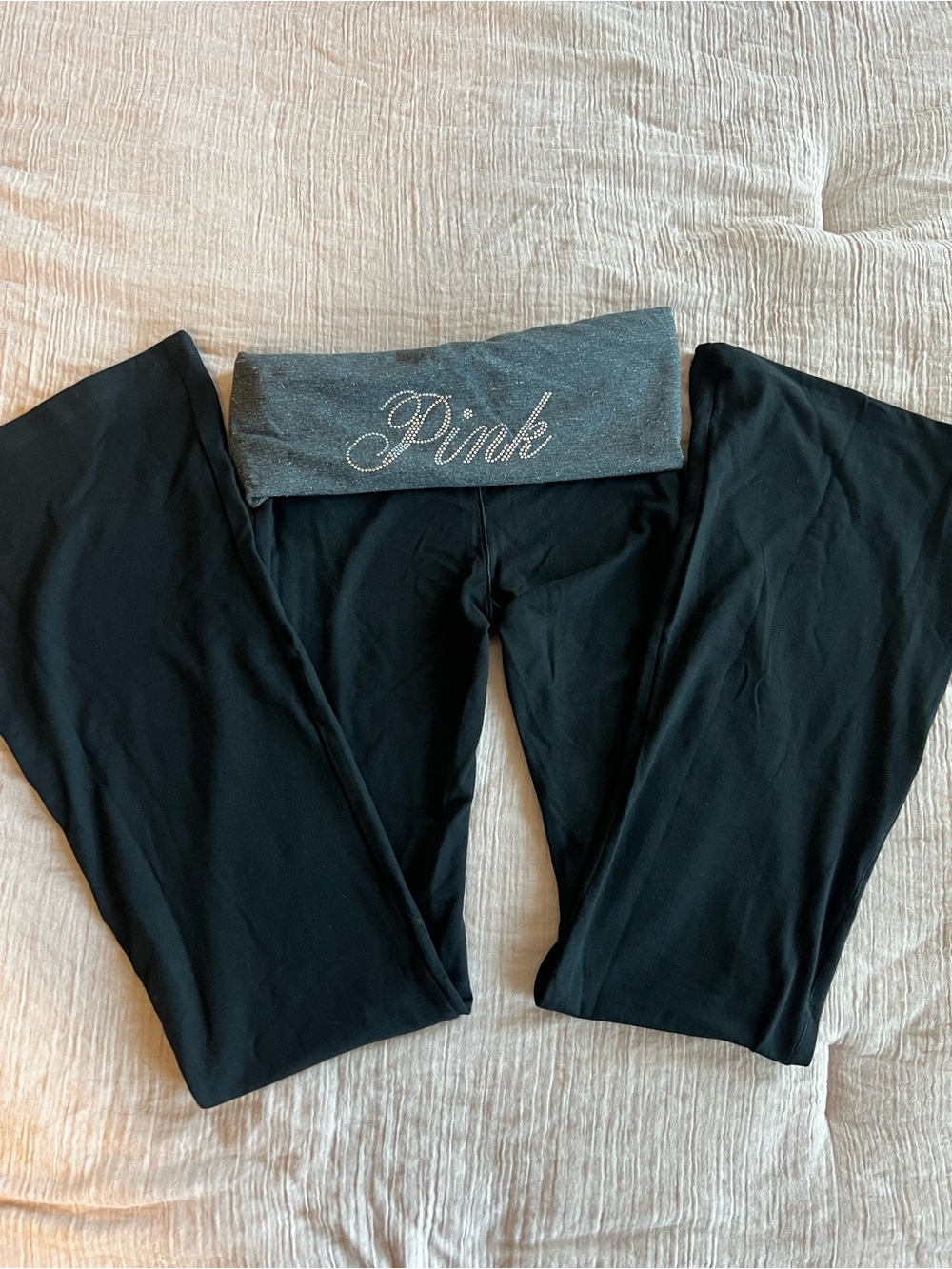 PINK Victoria's Secret Black Yoga Pants with Fold-Over Gray Logo Waistband